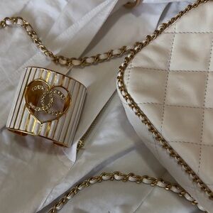 Chanel Crystal Heart CC Cuff Bracelet S Gold White -Sold Out -Authentic